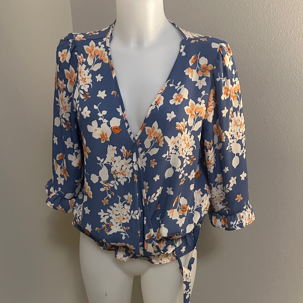 Show Me Your MuMu Floral Wrap Blouse - Blue and Orange